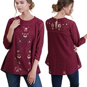NWT Umgee Burgundy Lace Floral Embroidered Tunic Blouse Size XL Lined Boho Top